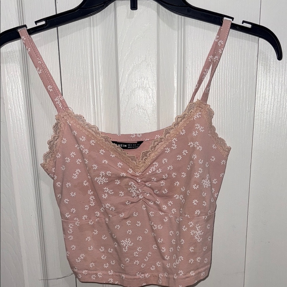 Pink Floral Lace Trim Cami Top